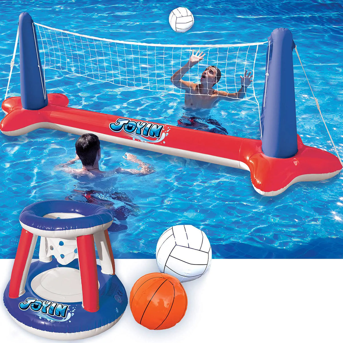 SLOOSH Inflatable Pool Float Set with Volleyball Net and Basketball Hoops - Red & Blue