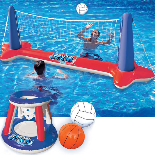 SLOOSH Inflatable Pool Float Set with Volleyball Net and Basketball Hoops - Red & Blue