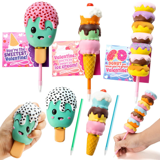 6-Pack Squishy Pens with Valentine's Day Cards for Kids - Classroom Exchange Gifts