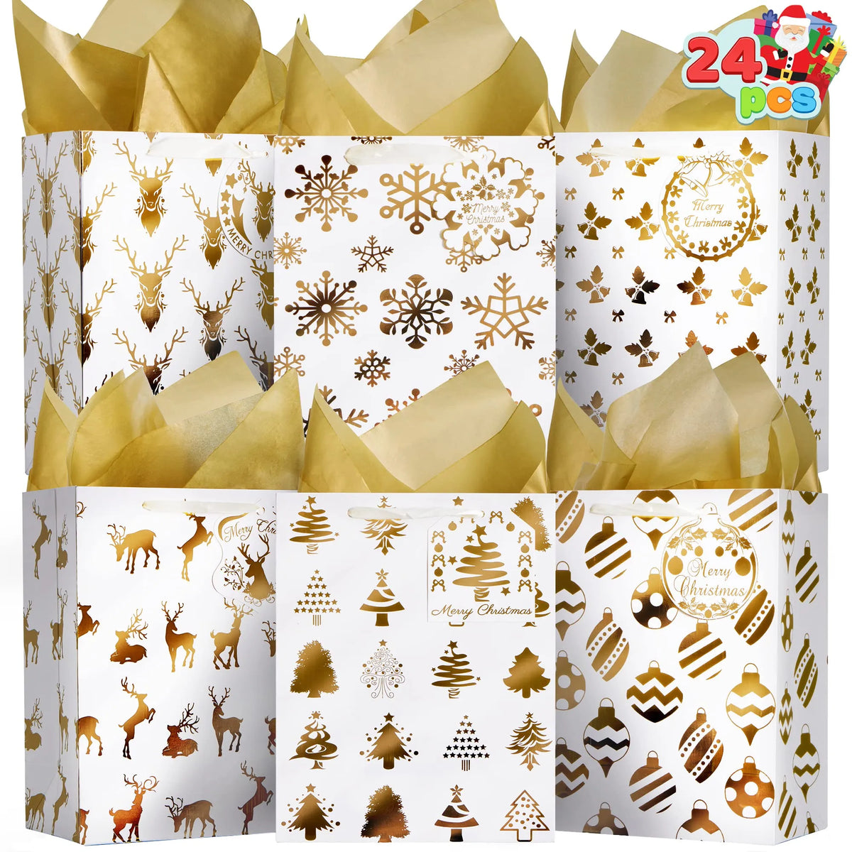 24-Pack Gold Foil Christmas Gift Bags