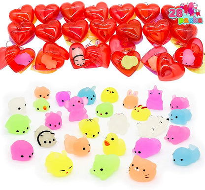 28-Piece Glow-in-the-Dark Mochi Squishy Toys Filled Hearts Set with Kids Valentine's Cards