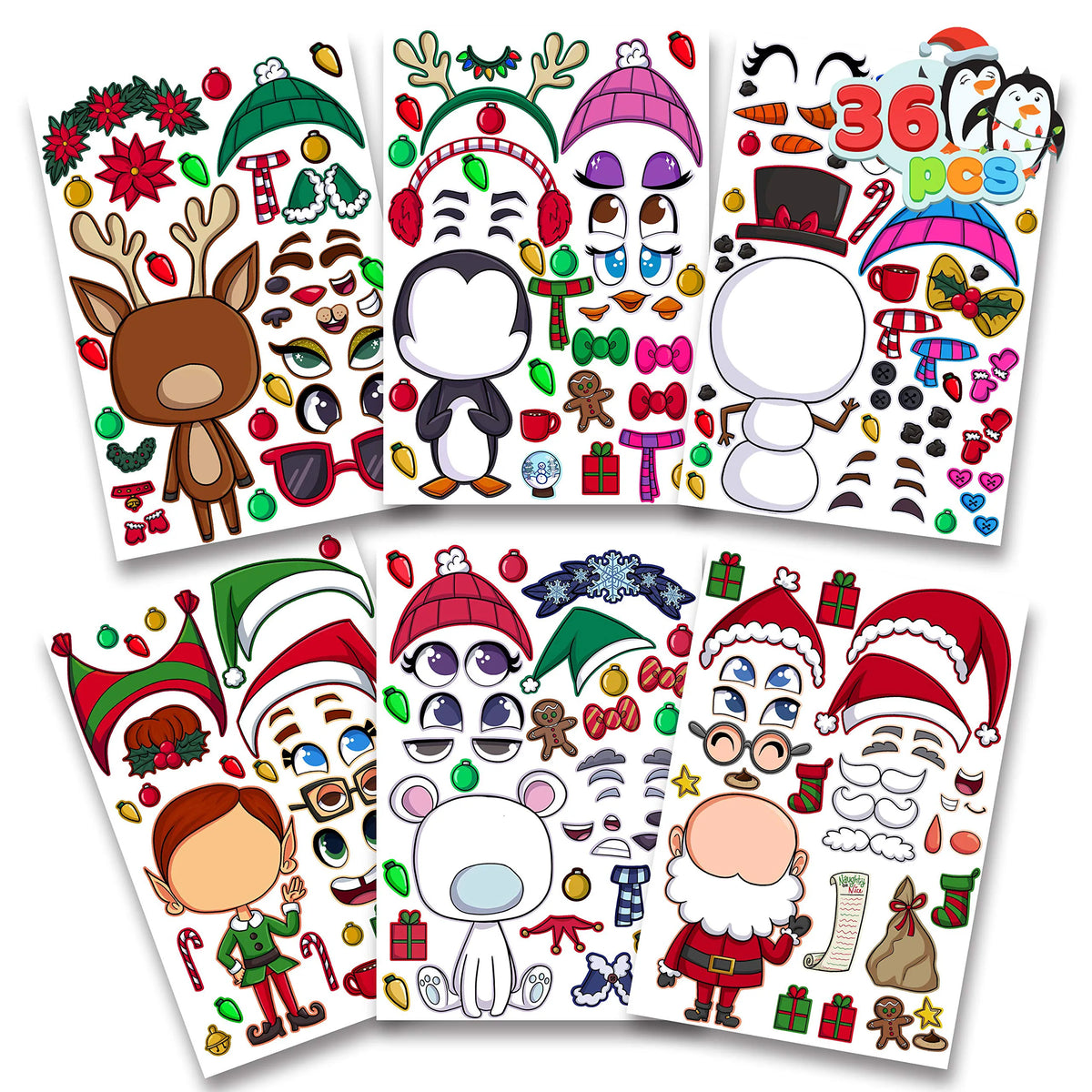 Make-a-Face Christmas Stickers, 6 Designs, 36 Pieces