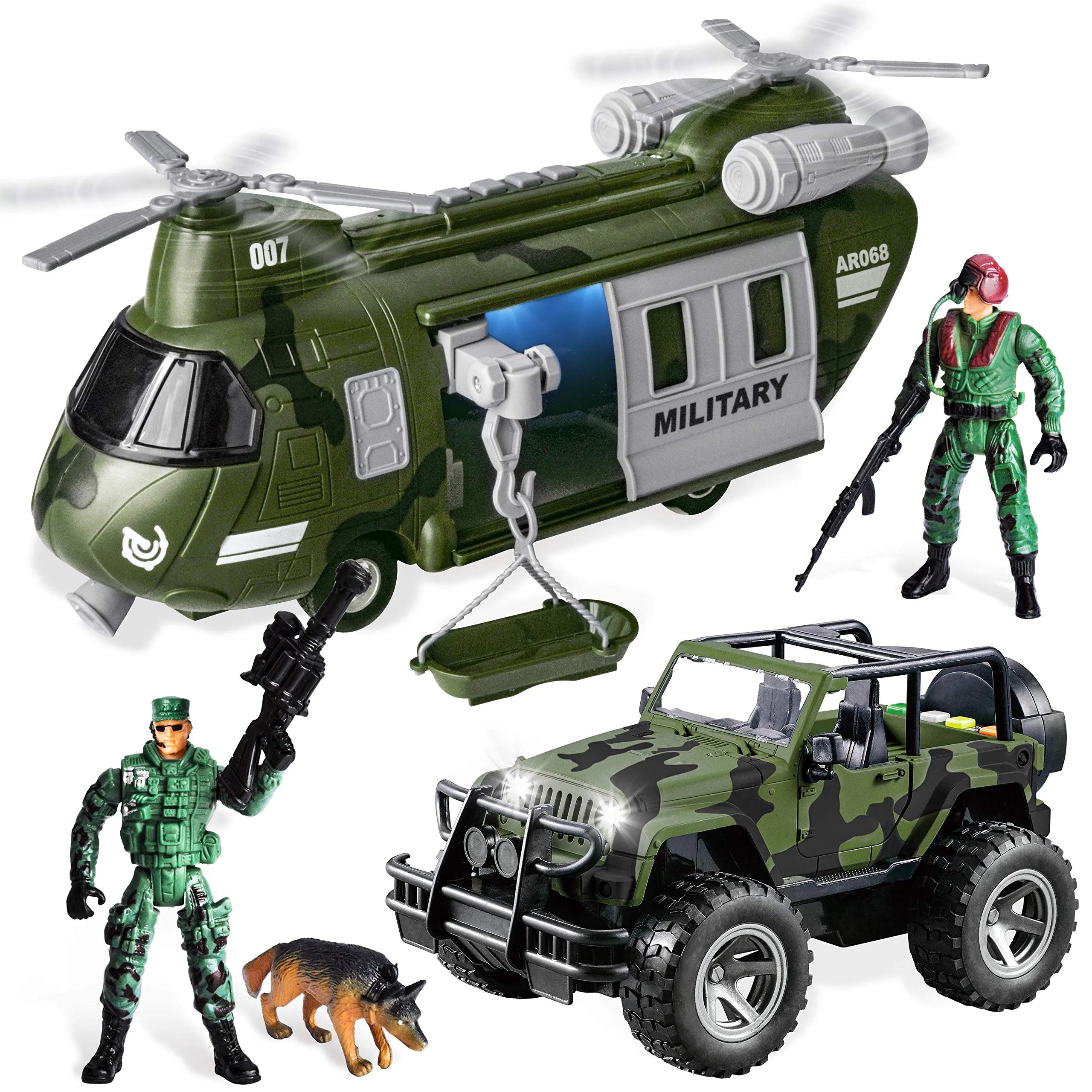 Friction Powered Helicopter and Military Truck Set