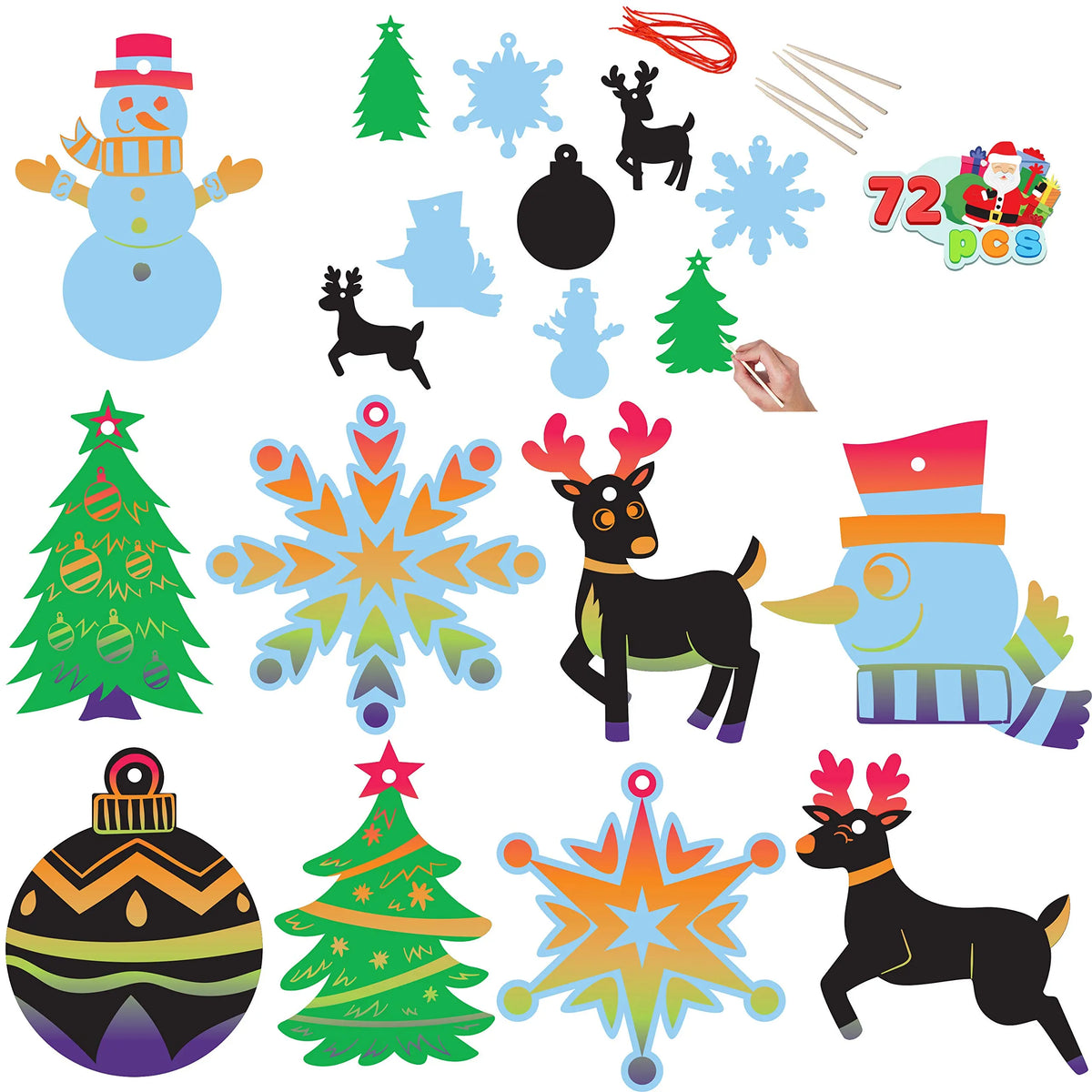 72-Piece Rainbow Scratch Christmas Ornaments