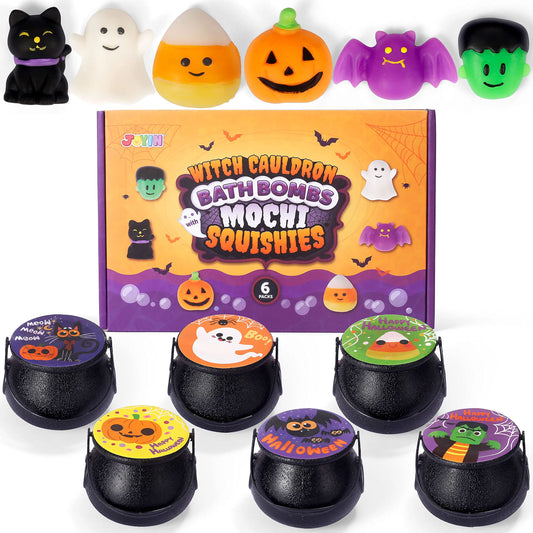 Halloween Witch Cauldron Bath Bombs (6 Pack) with Mochi Squishy