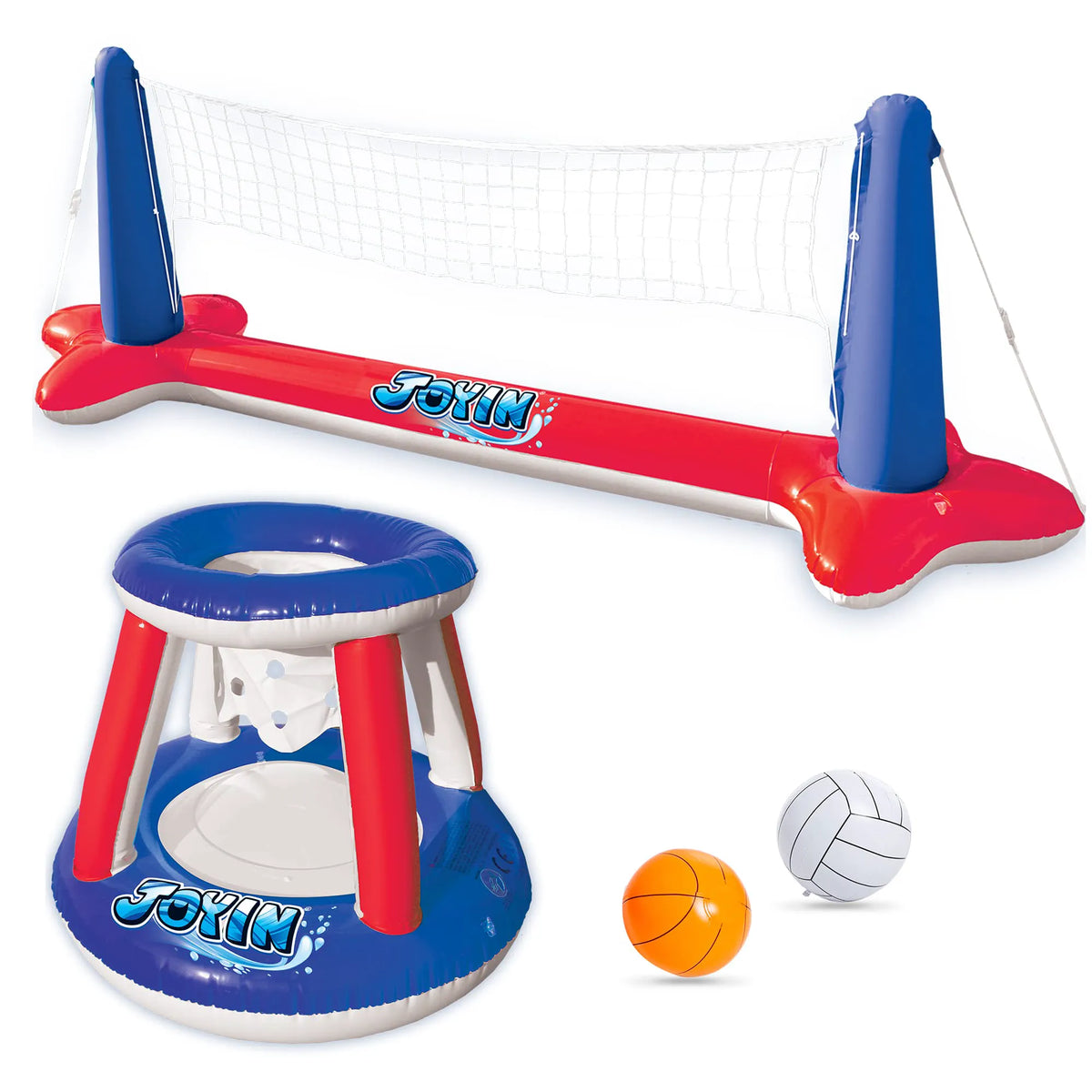 SLOOSH Inflatable Pool Float Set with Volleyball Net and Basketball Hoops - Red & Blue
