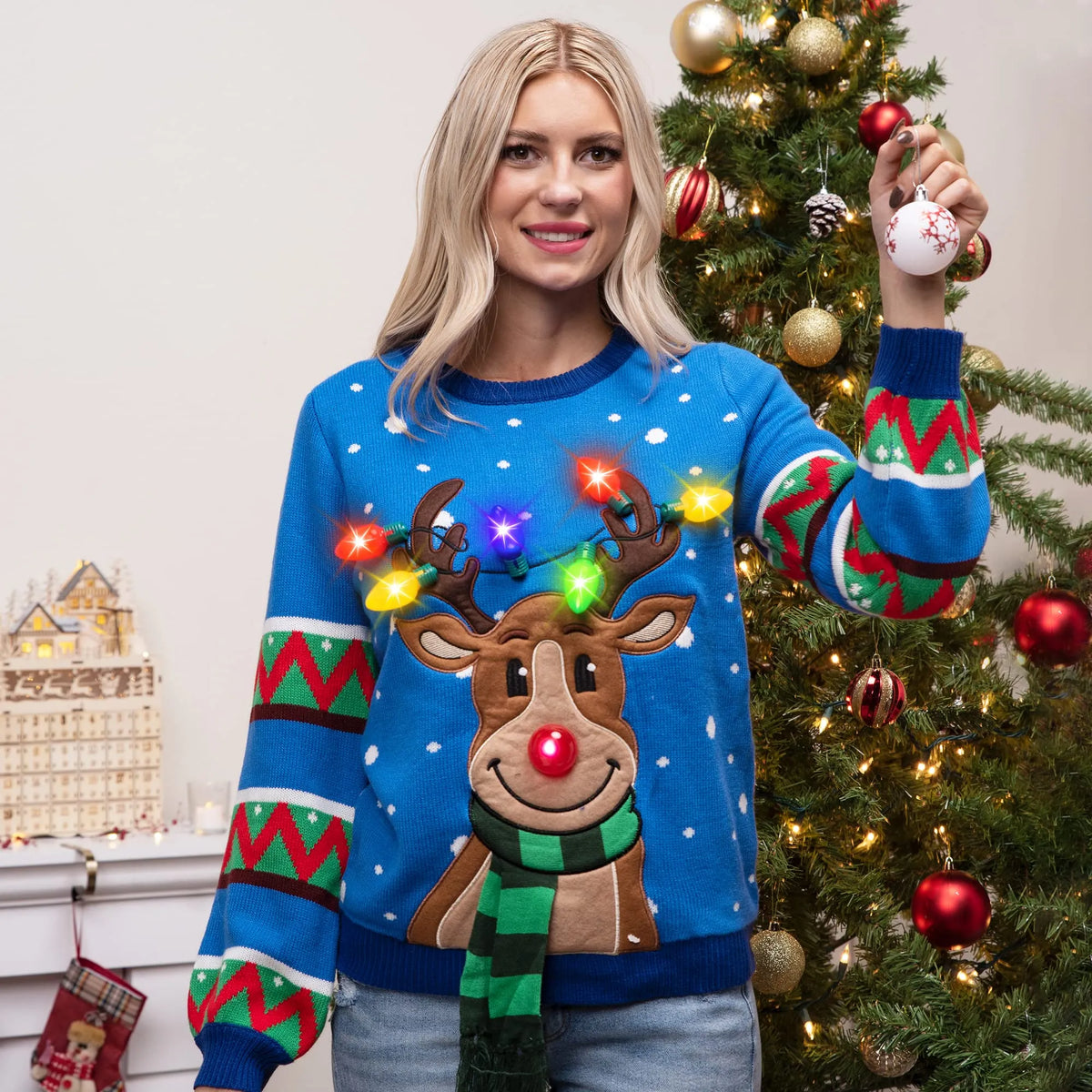 Adult Blue Reindeer Ugly Sweater with Light Bulbs