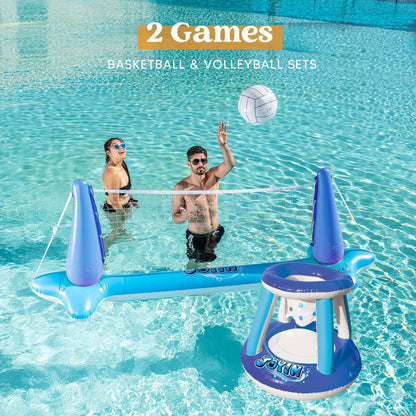 SLOOSH Inflatable Pool Float Set with Volleyball Net and Basketball Hoops, Blue