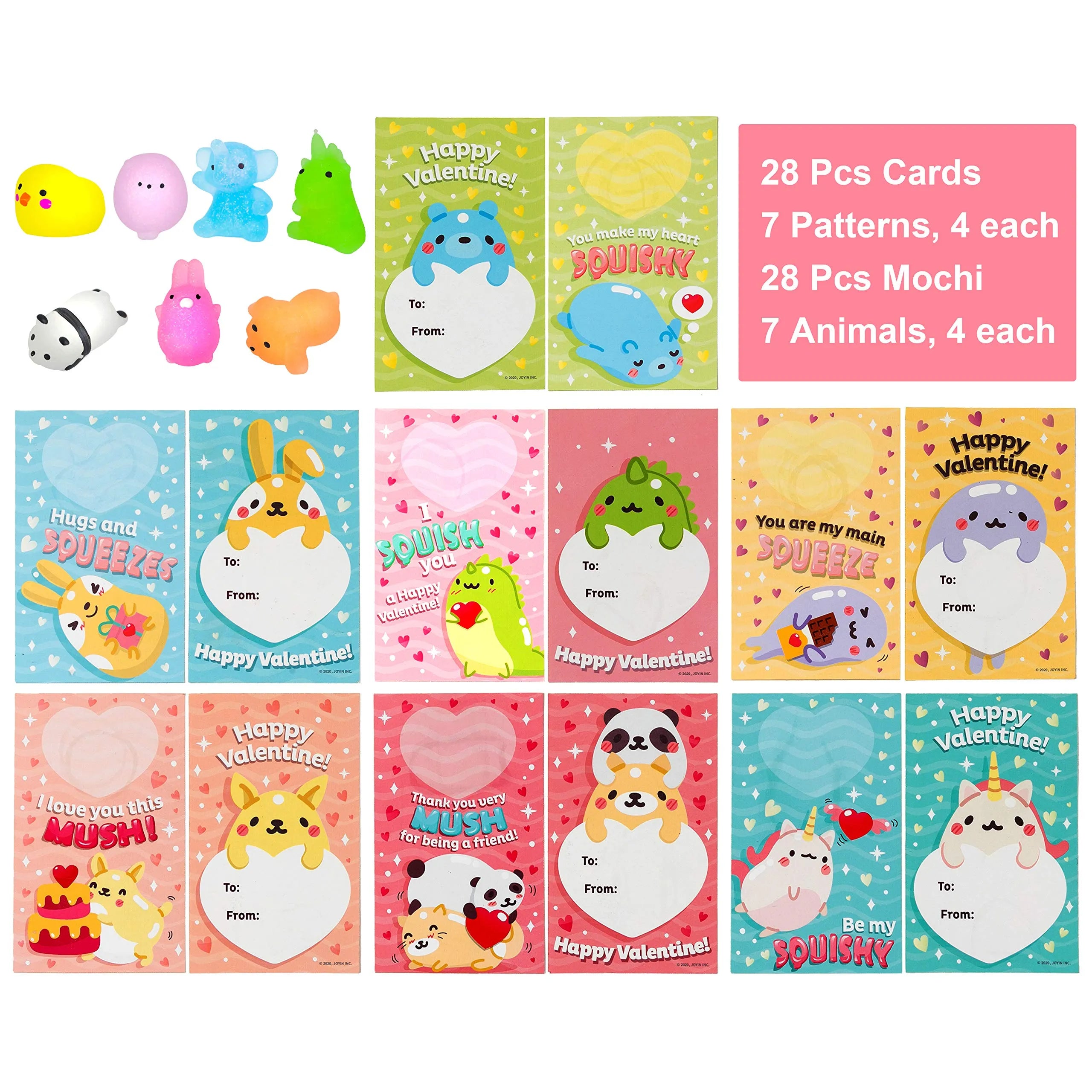 28 Glitter Mochi Squishy Toys with Valentine's Cards for Classroom Exchange