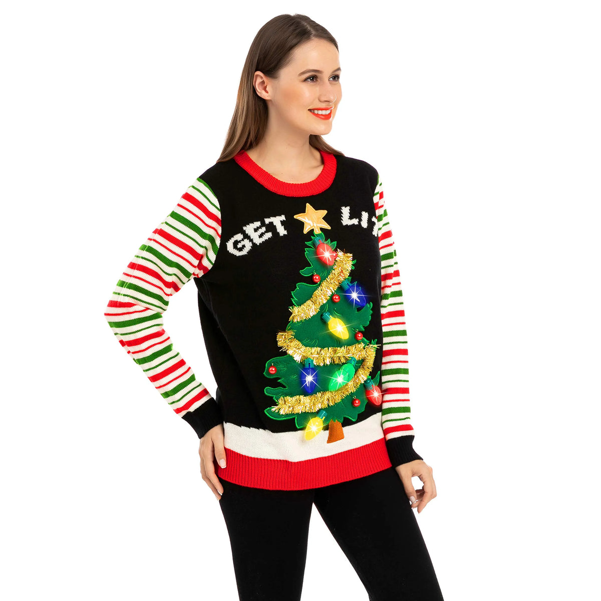 Get Lit Christmas Tree Ugly Sweater with Light Bulbs (Women)