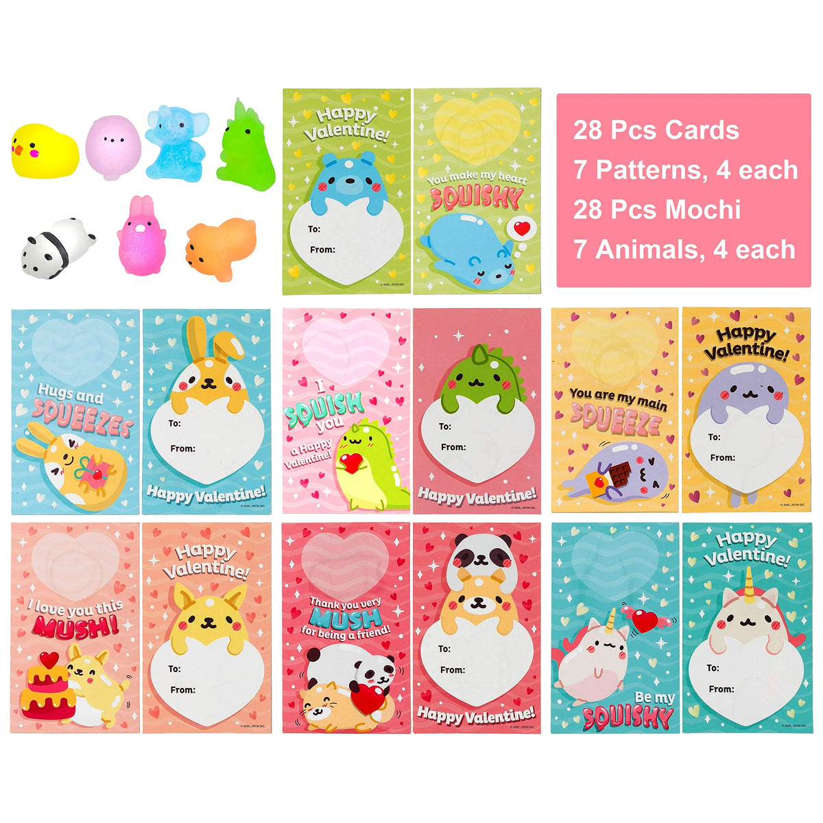 28 Glitter Mochi Squishy Toys with Valentine's Cards for Classroom Exchange