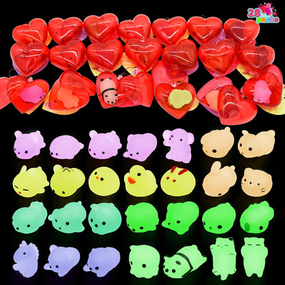 28-Piece Glow-in-the-Dark Mochi Squishy Toys Filled Hearts Set with Kids Valentine's Cards