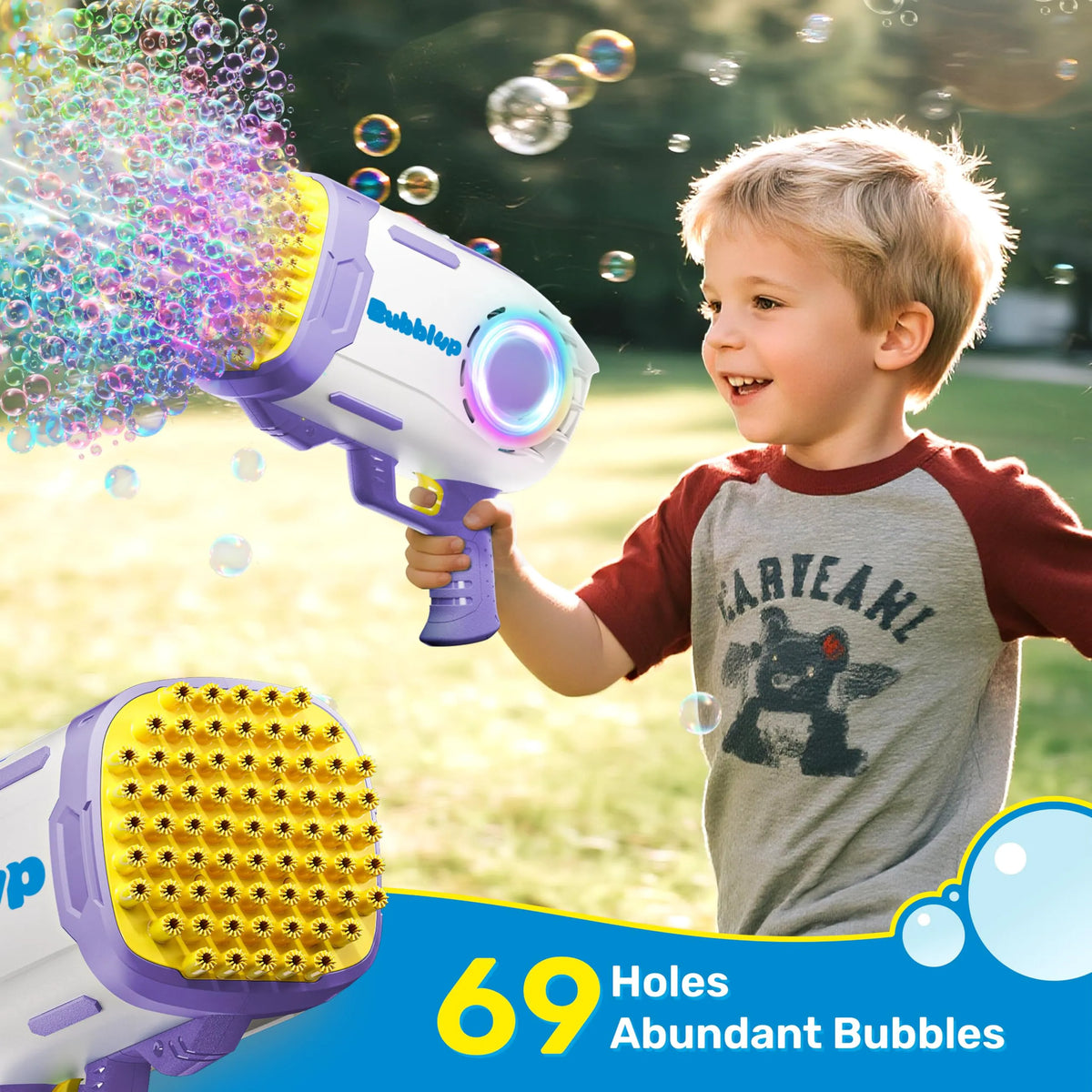 Play-Act 69-Hole Bubble Machine Gun Toy, Bazooka Rocket Shape Bubble Blaster with Colored Lights and Solution, Purple