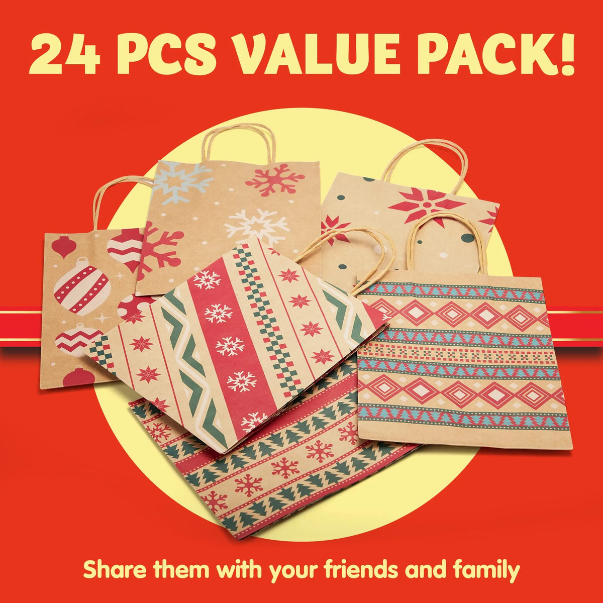 Kraft Holiday Gift Bags, 7.25 Inches, 24 Pack