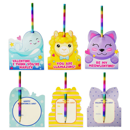 28 Rainbow Pencils with Valentine's Day Cards for Classroom Exchange