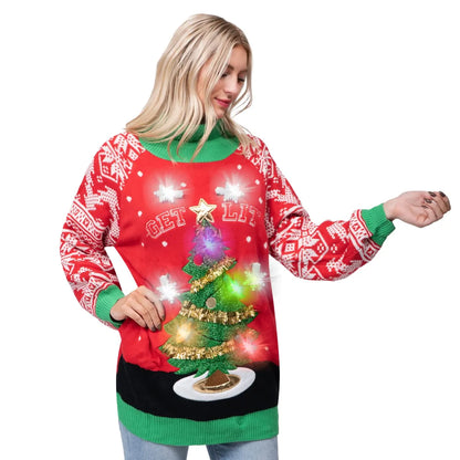 Adult Christmas Tree Long Sweater with Light Bulbs