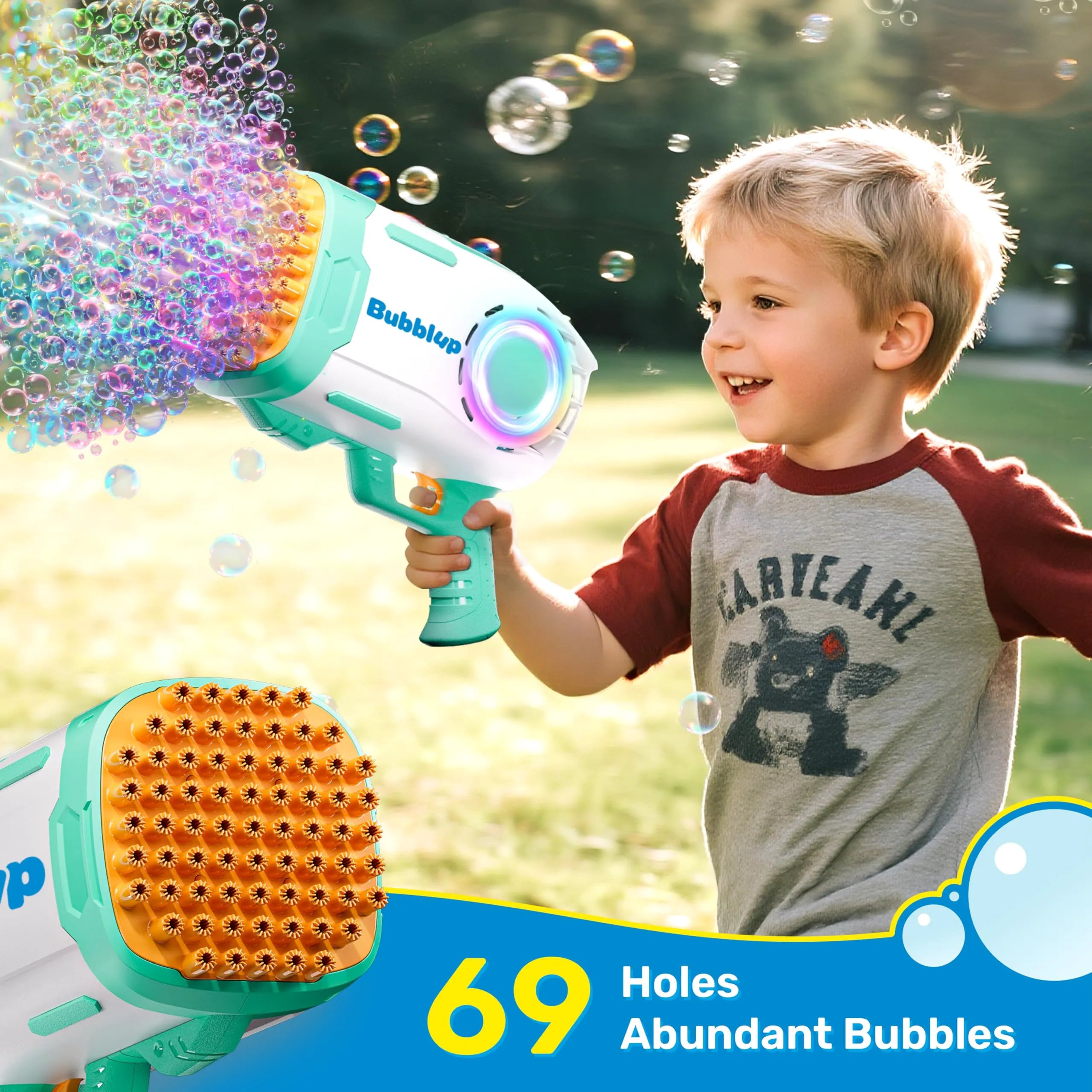 Play-Act 69-Hole Bubble Machine Gun Toy, Bazooka Rocket Shape Bubble Gun for Kids & Adults, Colored Lights Blaster Blower with Solution