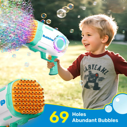 Play-Act 69-Hole Bubble Machine Gun Toy, Bazooka Rocket Shape Bubble Gun for Kids & Adults, Colored Lights Blaster Blower with Solution