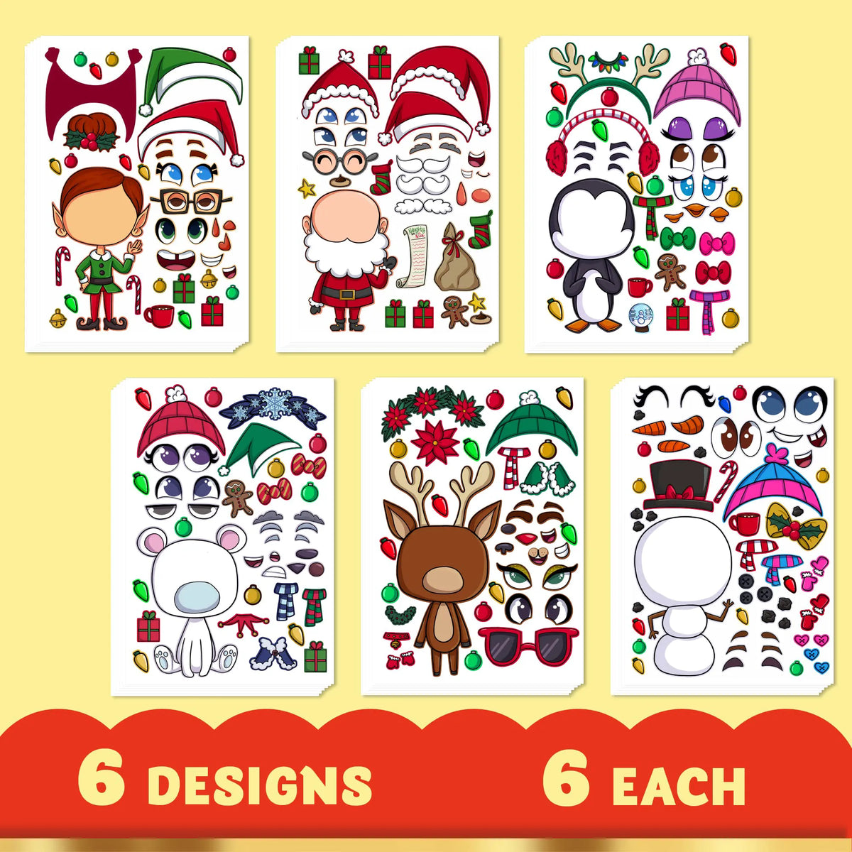 Make-a-Face Christmas Stickers, 6 Designs, 36 Pieces
