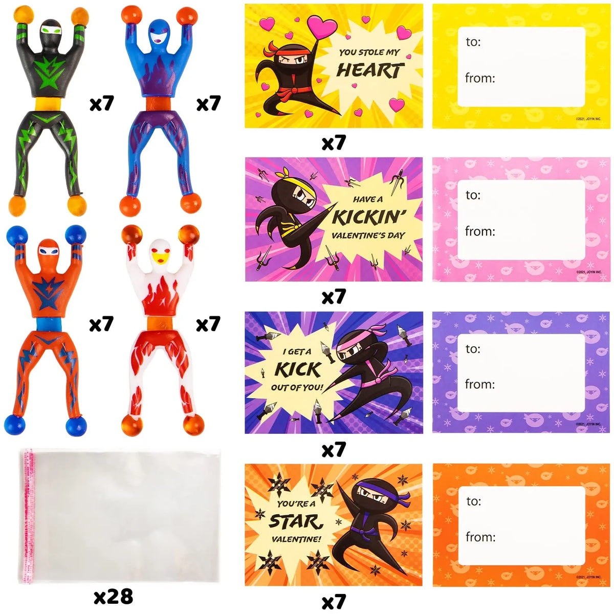 28 Sticky Climbing Ninjas with Kids Valentine's Cards for Valentine Party Favors
