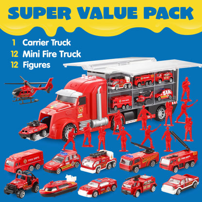 25-in-1 Fire Rescue Carrier Truck Toy Set with 12 Diecast Vehicles & 12 Figures