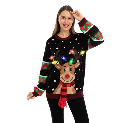 Black Reindeer Ugly Christmas Sweater with Lights