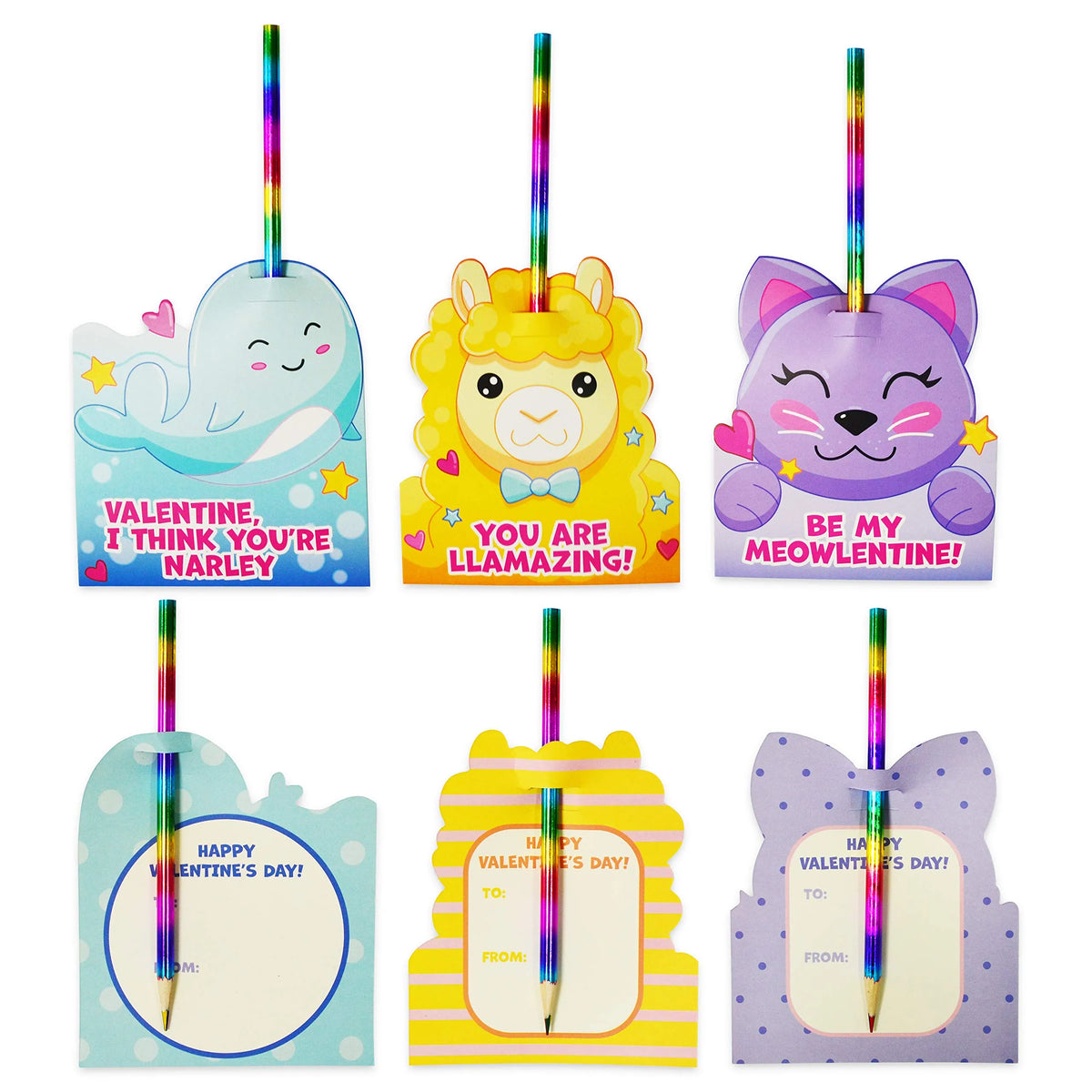 28 Rainbow Pencils with Valentine's Day Cards for Classroom Exchange
