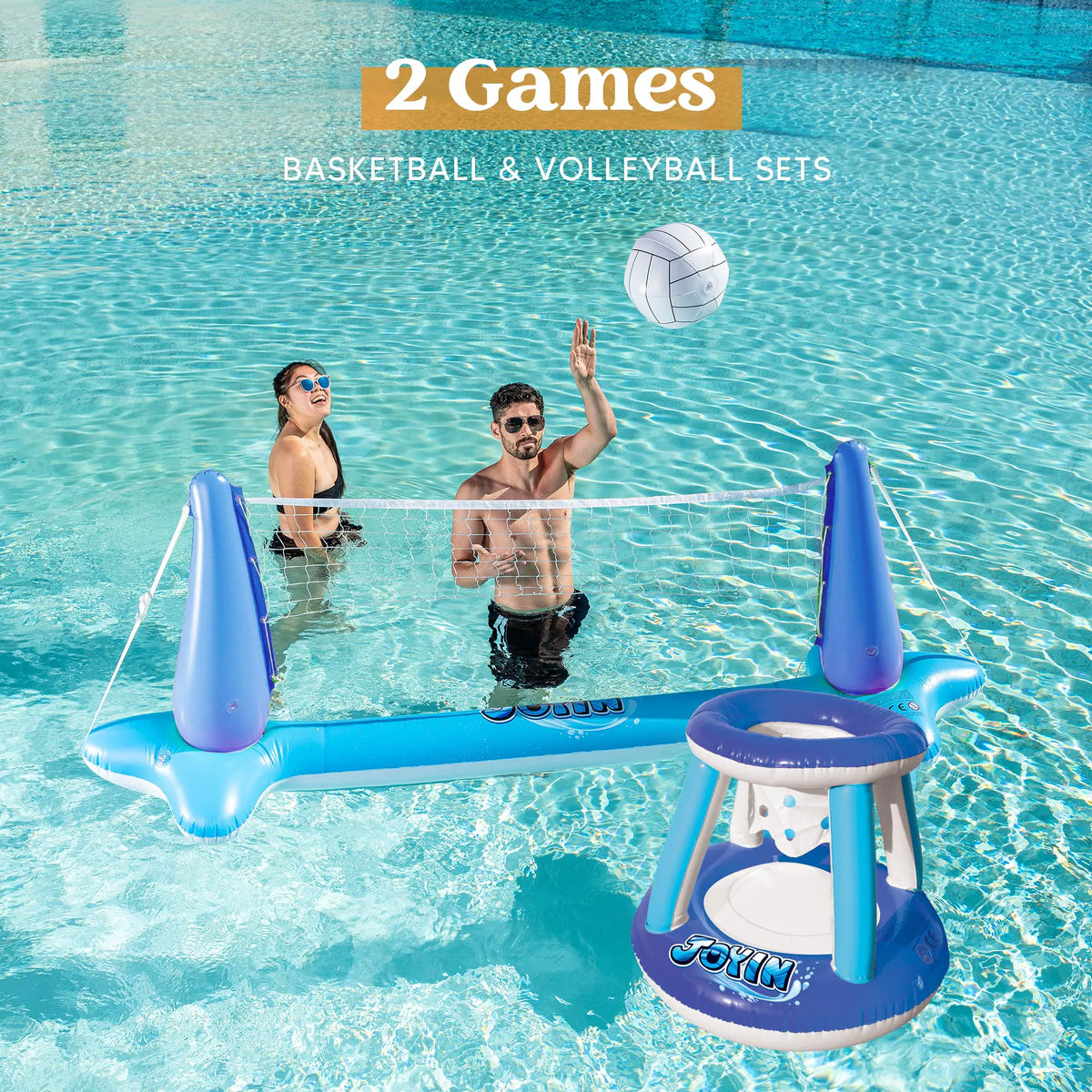 SLOOSH Inflatable Pool Float Set with Volleyball Net and Basketball Hoops, Blue