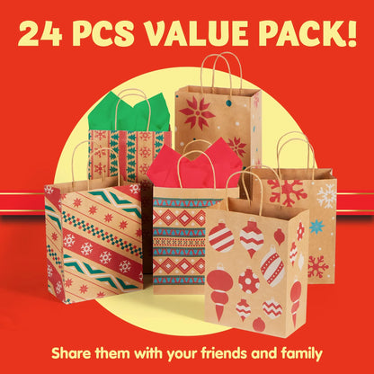 24-Pack Christmas Kraft Gift Bags with Assorted Holiday Prints