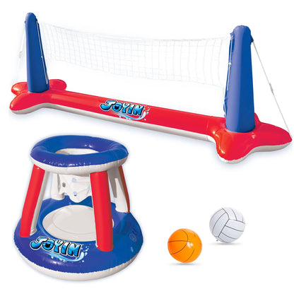 SLOOSH Inflatable Pool Float Set with Volleyball Net and Basketball Hoops - Red & Blue