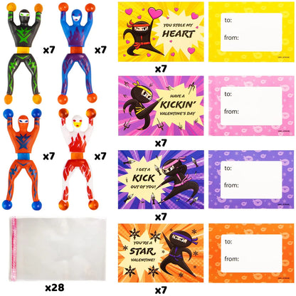 28 Sticky Climbing Ninjas with Kids Valentine's Cards for Valentine Party Favors