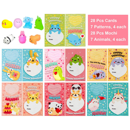 28 Glitter Mochi Squishy Toys with Valentine's Cards for Classroom Exchange