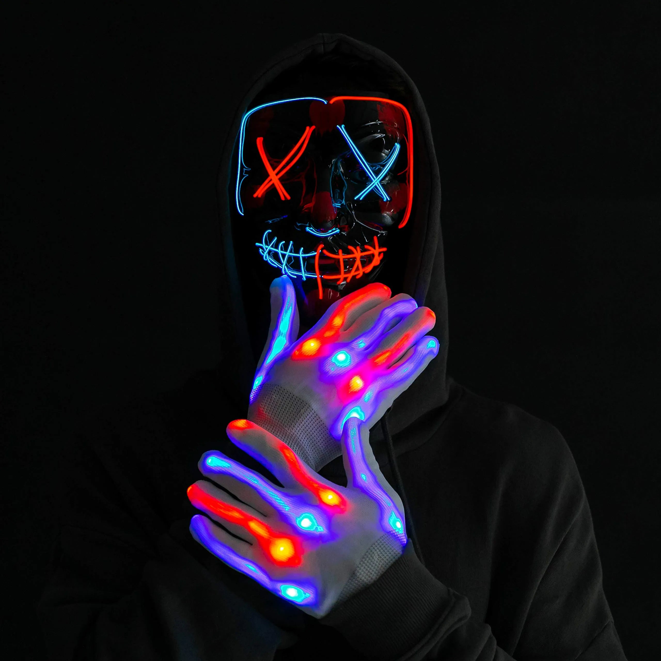 Halloween LED Mask with Light-Up Gloves (Blue & Red)