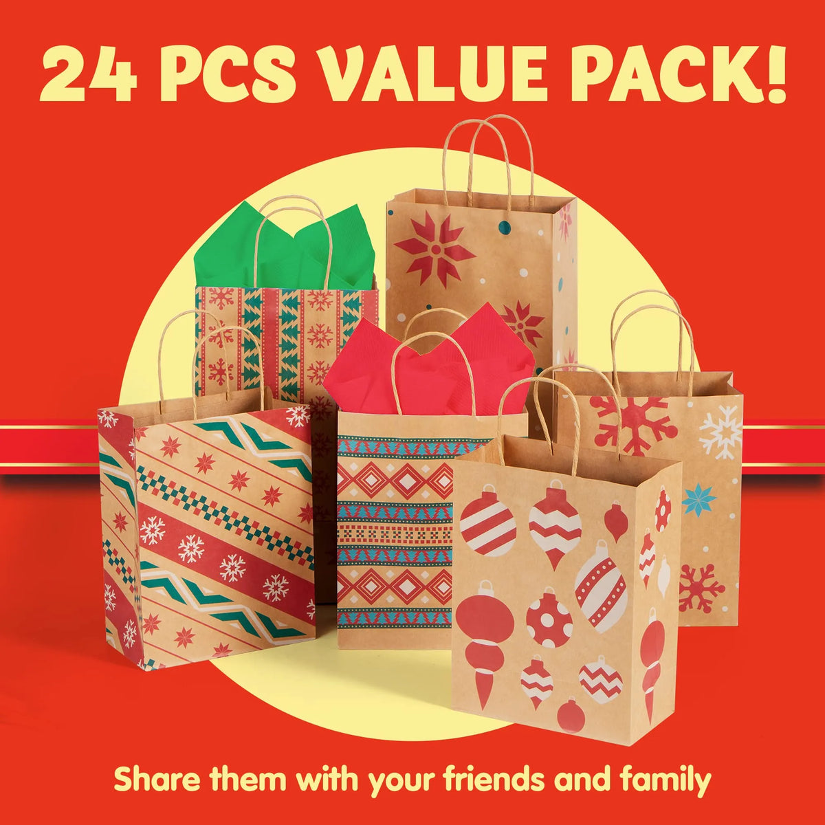 24-Pack Christmas Kraft Gift Bags with Assorted Holiday Prints