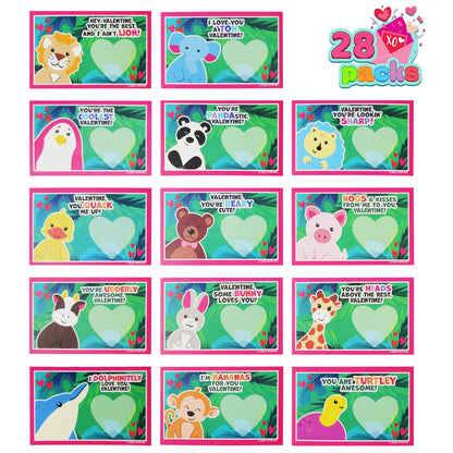 28Pcs Kids Valentine's Cards with Animal Erasers - Classroom Exchange Gifts