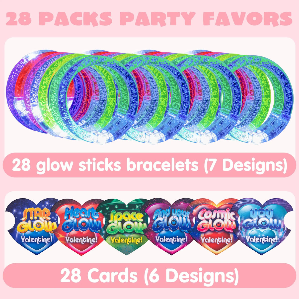 28 Glow Stick Bracelets with Valentine's Day Cards for Kids Party Favors