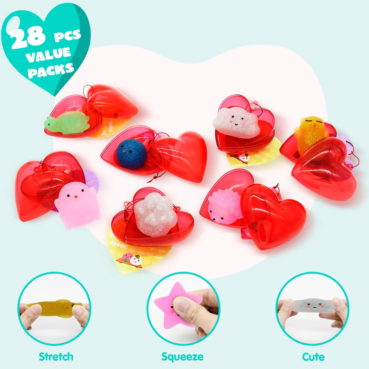 28-Piece Glitter Squishy Hearts Set with Valentine's Day Cards for Kids Classroom Exchange Gifts