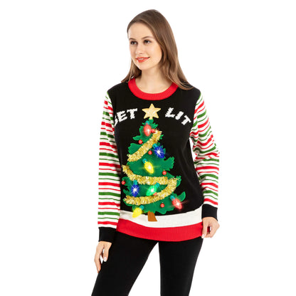 Get Lit Christmas Tree Ugly Sweater with Light Bulbs (Women)