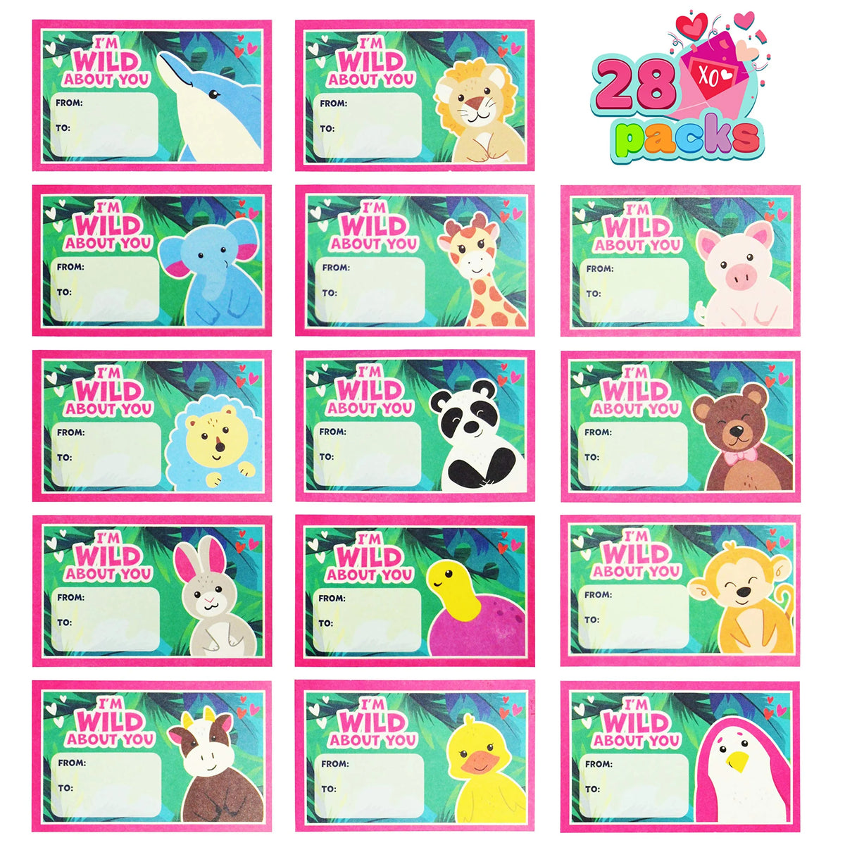 28Pcs Kids Valentine's Cards with Animal Erasers - Classroom Exchange Gifts