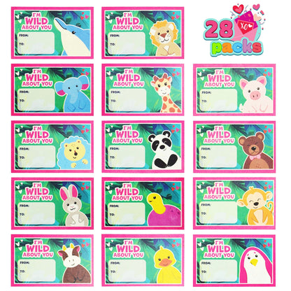 28Pcs Kids Valentine's Cards with Animal Erasers - Classroom Exchange Gifts