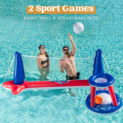 SLOOSH Inflatable Pool Float Set with Volleyball Net and Basketball Hoops - Red & Blue