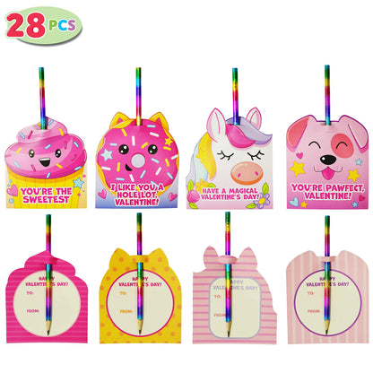28 Rainbow Pencils with Valentine's Day Cards for Classroom Exchange