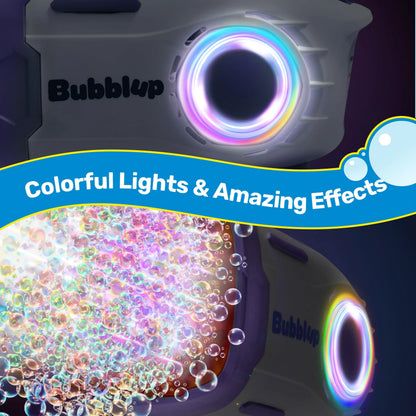 Play-Act 69-Hole Bubble Machine Gun Toy, Bazooka Rocket Shape Bubble Blaster with Colored Lights and Solution, Purple
