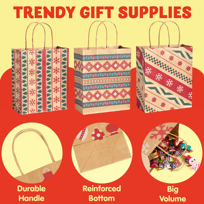 Kraft Holiday Gift Bags, 7.25 Inches, 24 Pack