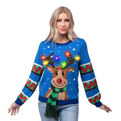 Adult Blue Reindeer Ugly Sweater with Light Bulbs