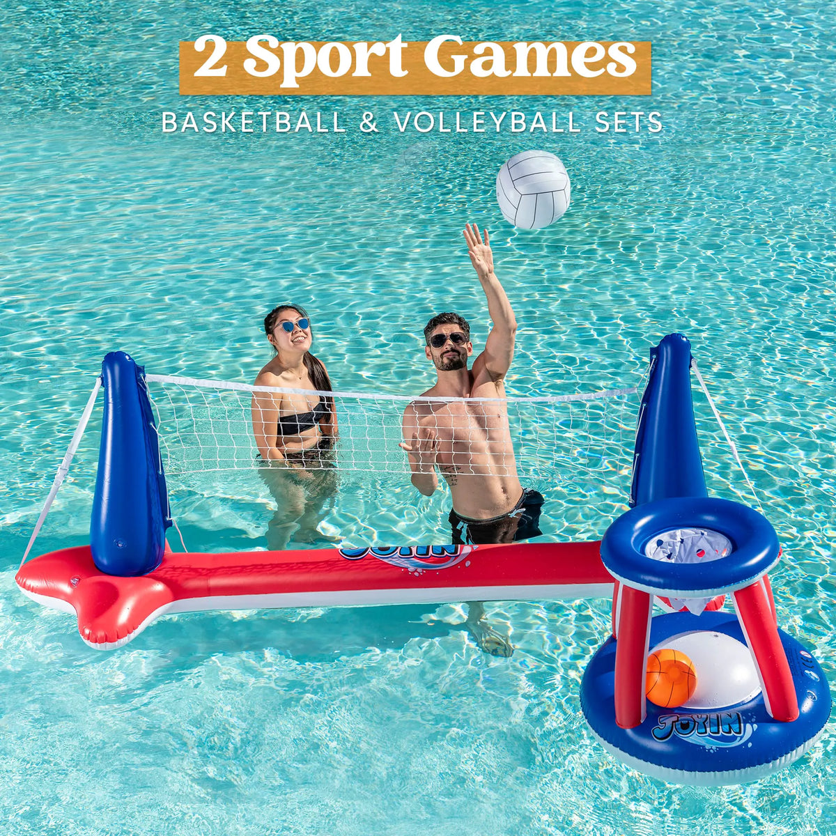 SLOOSH Inflatable Pool Float Set with Volleyball Net and Basketball Hoops - Red & Blue