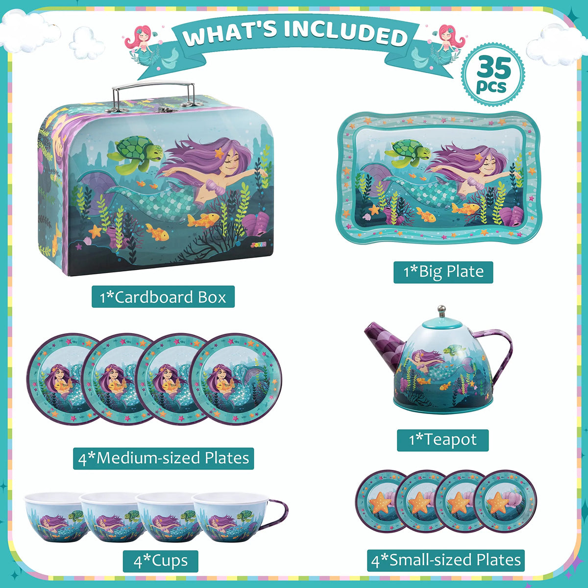 Mermaid Pretend Play Tin Teapot Set