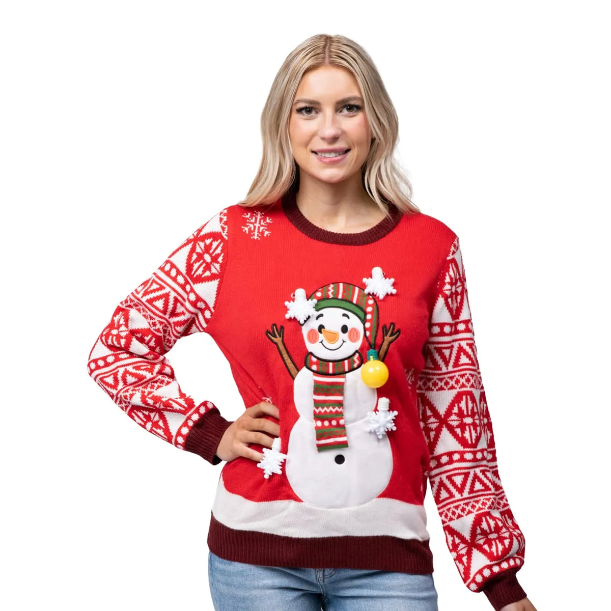 Adult Snowman Ugly Christmas Sweater with Light Up Bulbs