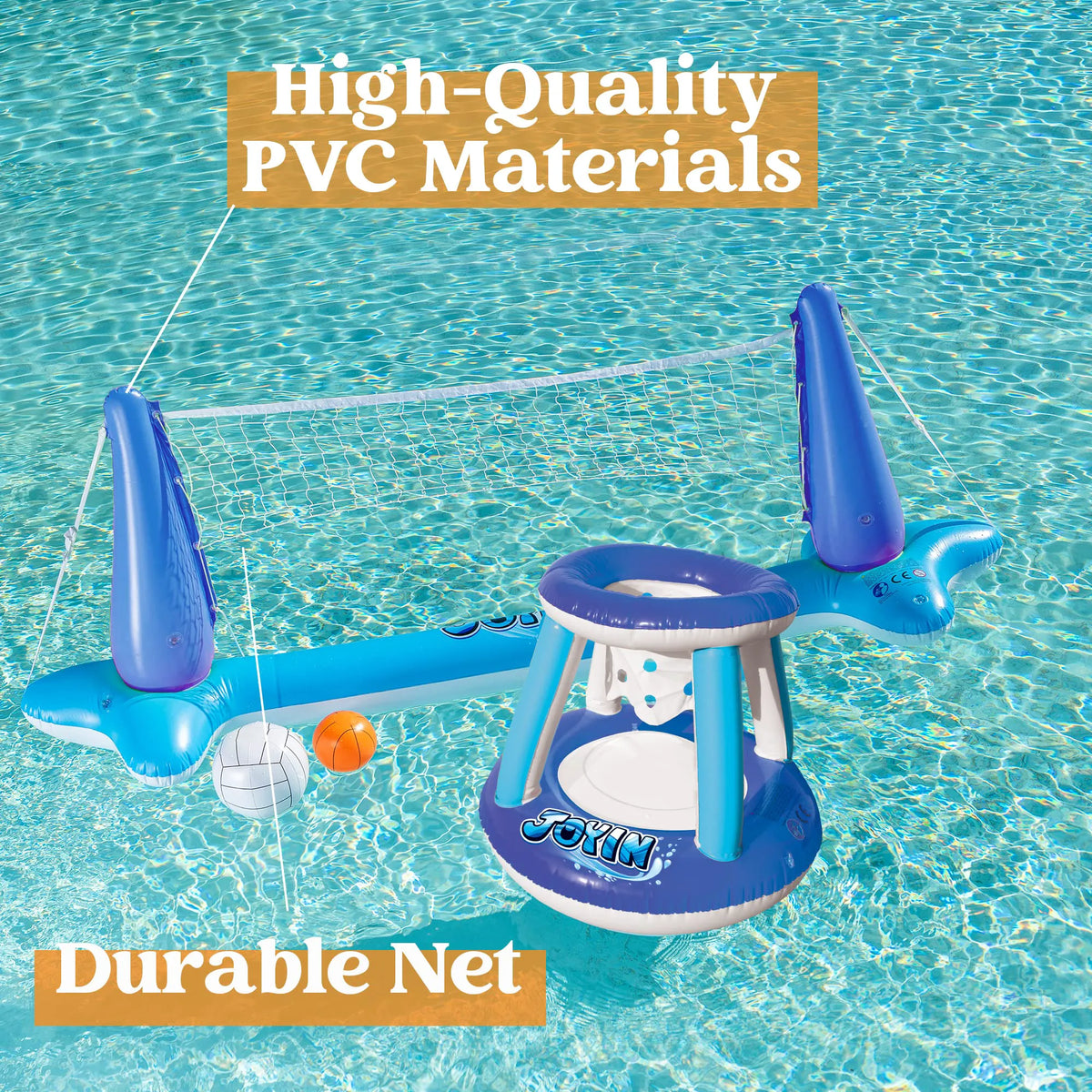 SLOOSH Inflatable Pool Float Set with Volleyball Net and Basketball Hoops, Blue