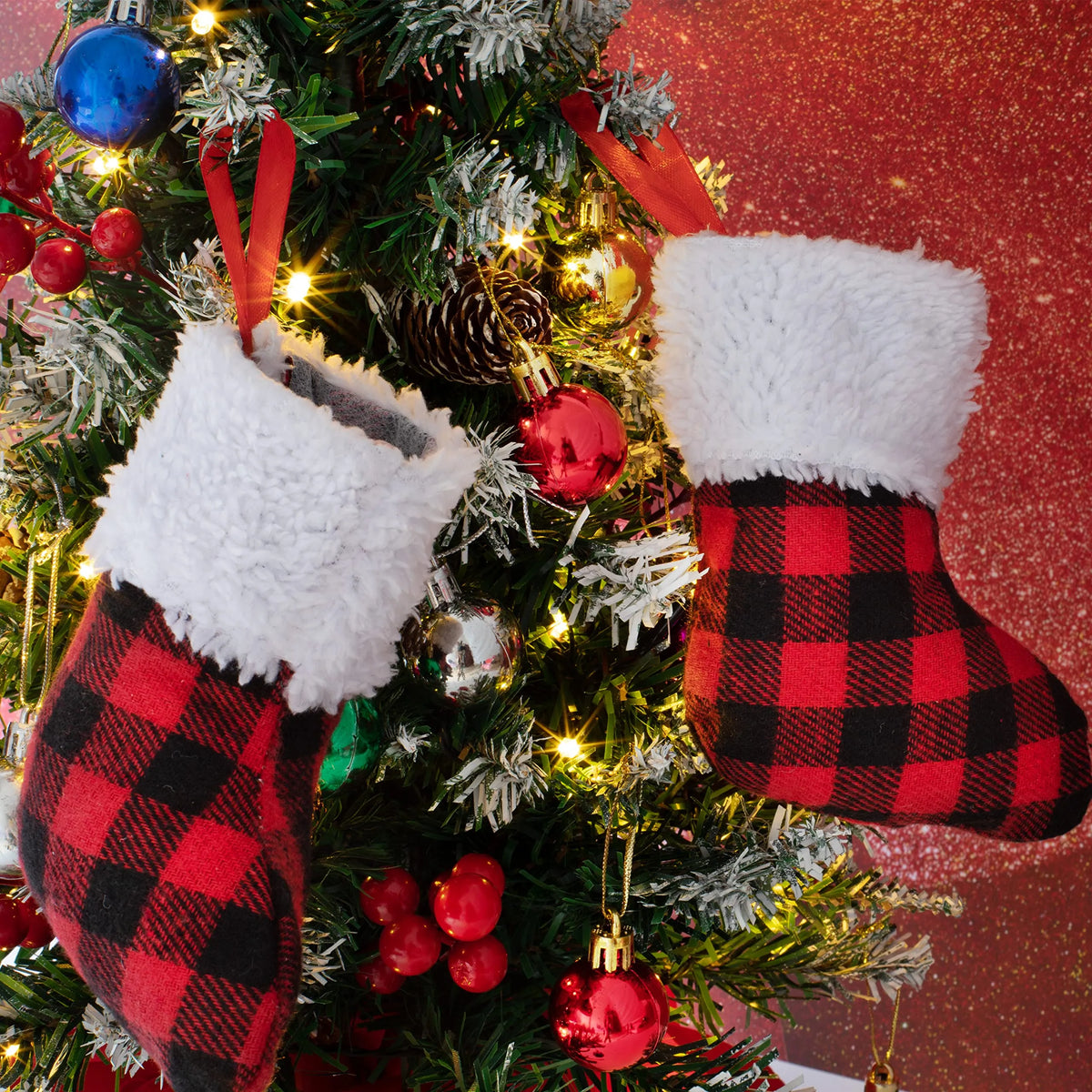 5-Inch Red and Black Buffalo Plaid Christmas Stockings, 12-Pack